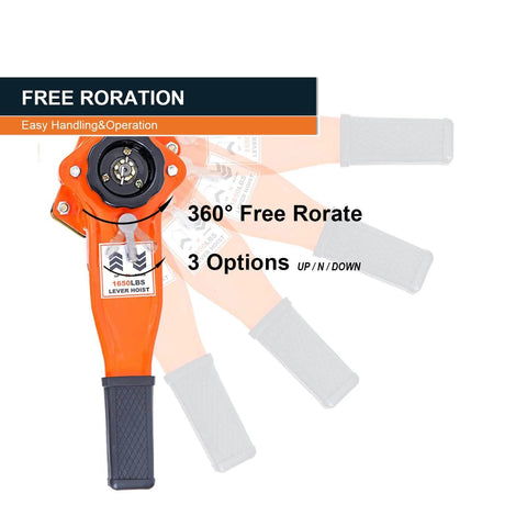 Lever Chain Hoist 0.75 Ton, 1650 Lbs Capacity, 10 Ft Chain, Manual Come Along Ratchet Puller 360-degree rotation feature
