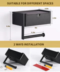 Matte Black Toilet Paper Holder With Shelf And Wipe Dispenser, Wall Mounted Stainless Steel Bathroom Organizer dimensions shown