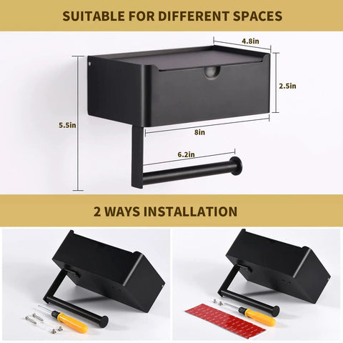 Matte Black Toilet Paper Holder With Shelf And Wipe Dispenser, Wall Mounted Stainless Steel Bathroom Organizer dimensions shown