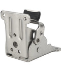 Close-up of a self-locking steel hinge for heavy duty folding table leg brackets, with adjustable angles and silver finish.