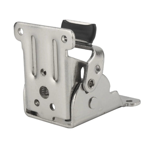Close-up of a self-locking steel hinge for heavy duty folding table leg brackets, with adjustable angles and silver finish.