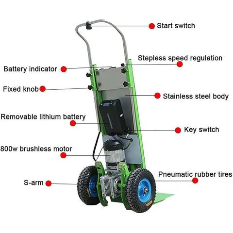 This Electric Stair Climbing Hand Truck Is Totally Awesome With A Wicked 400kg Load Capacity And Removable Battery detail showing features.
