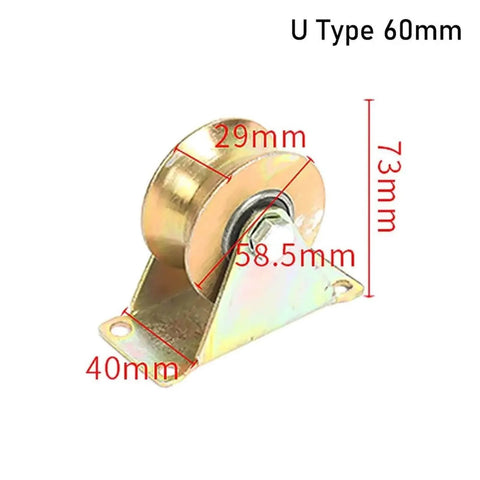 Heavy Duty Stainless Steel Caster Wheel Set Four Pack For Sliding Door Tracks U Type 60mm Bearing Pulleys Rollers shown up close with dimensions.