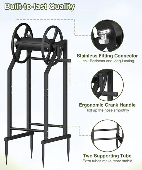 4-Spike Garden Hose Reel With 3.9 Ft Leader Hose And Stainless Fitting, Freestanding Metal Hose Stand showing details and parts.