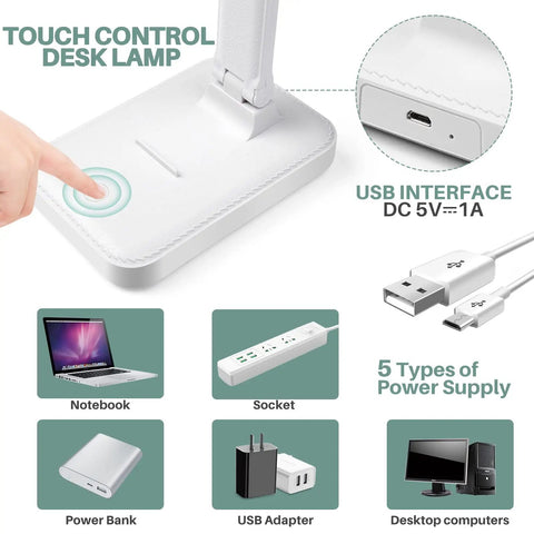 LED Desk Lamp With Touch Control For Reading No Flicker Three Color Modes Foldable Compact Space Saving Desk Light For Office Home Dorm Eye Care USB DC5V 1A