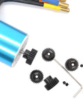 MakerDoIt 48P Pinion Gear Set 3.175mm 24T 25T 26T 27T 28T for RC Cars and Trucks with blue motor and tools visible