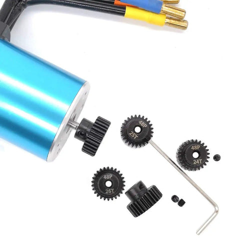 MakerDoIt 48P Pinion Gear Set 3.175mm 24T 25T 26T 27T 28T for RC Cars and Trucks with blue motor and tools visible