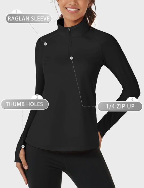 Cozy Womens Quarter Zip Fleece Lined Pullover With Thumb Holes Lightweight Thermal Long Sleeve V Neck Shirt For Running Or Gym Black Size Large Ideal For Cold Weather Runs And Workouts