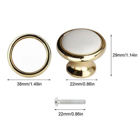 Slick Vintage White Ceramic Cabinet Knob Set Four Piece Single Hole Drawer Pulls Premium Zinc Alloy Base Smooth Grip Top Shelf Home Hardware Quick Swap Kitchen Revamp Grab These Durable Pulls with gold rim.