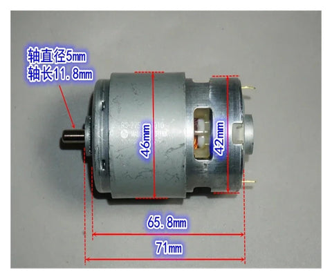 RS-775WC-A010 High Octane Carbon Brush DC Motor 21000 RPM 14.4V side view showing dimensions and shaft details.
