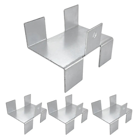 Four Piece No Drill Fence Brackets With Gravel Board Clips, Metal Anti Rattle Hardware for Outdoor Fences, shown in metal finish.