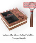 4 In 1 Espresso Knock Box And Tamp Station For 58mm Tamper Distributor And Portafilter Natural High Density Wood With Four Anti Slip Pads Barista Grade Coffee Organizer For Home Kitchen Counter shown with dimensions for 58mm tools.