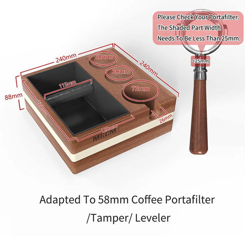 4 In 1 Espresso Knock Box And Tamp Station For 58mm Tamper Distributor And Portafilter Natural High Density Wood With Four Anti Slip Pads Barista Grade Coffee Organizer For Home Kitchen Counter shown with dimensions for 58mm tools.