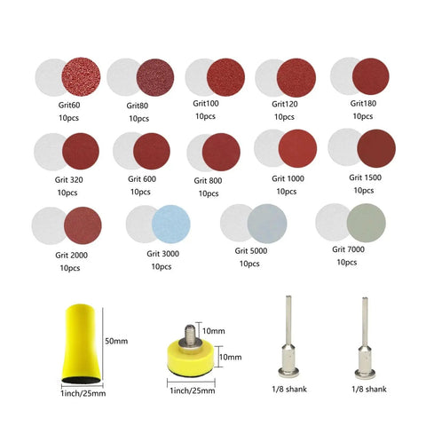 Get This Epic 166-Piece 1 Inch Sandpaper Kit With Hook Loop Pads For Wood Metal And Walls Including 60 To 7000 Grit Discs Perfect For All Your DIY Home Reno Projects And Serious Craft Jobs So You Can Smooth Anything Fast showing grit disc samples and attachment tools.