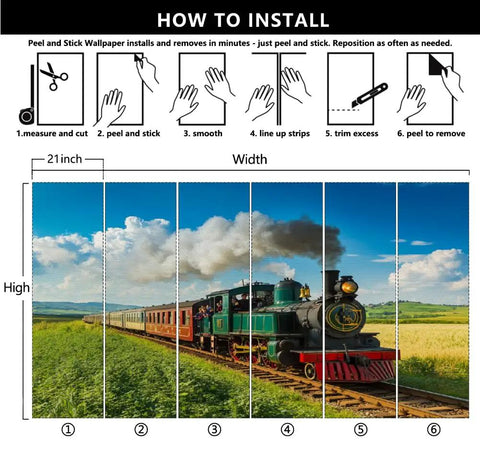 Installation guide for Self Adhesive Train Wall Mural With Steam Locomotive Design, Dope 3D Depth Embossed Texture, 12Ft by 8Ft Wallpaper