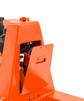 Rock Solid Fully Electric Pallet Jack With A Massive 3300 Lb Capacity And Quick-Charge Lithium Battery showing battery compartment.