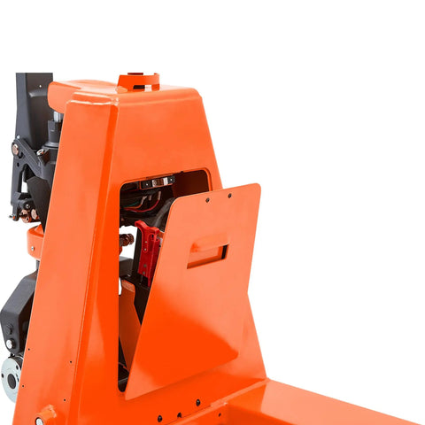 Rock Solid Fully Electric Pallet Jack With A Massive 3300 Lb Capacity And Quick-Charge Lithium Battery showing battery compartment.