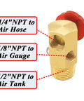 Heavy Duty Air Tank Manifold With Shut Off Valve And Relief Valve, Easy Fill Port, Gauge Compatible, 1/2 MNPT Tank Port