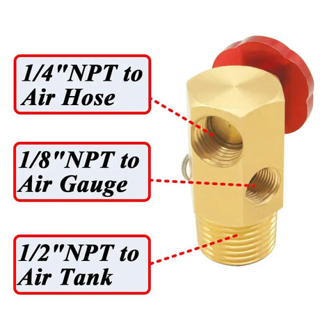 Heavy Duty Air Tank Manifold With Shut Off Valve And Relief Valve, Easy Fill Port, Gauge Compatible, 1/2 MNPT Tank Port