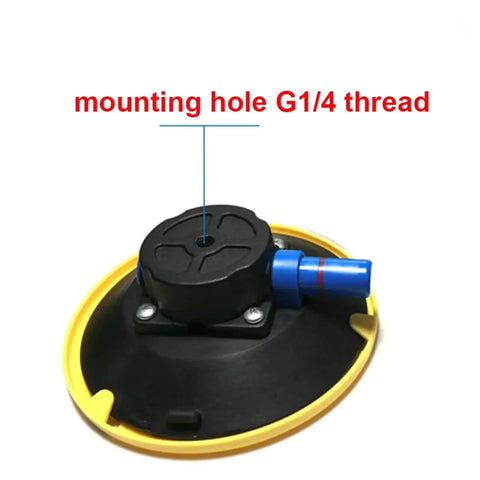 6 Inch Vacuum Sucker Mount Base with G1/4 thread, black and yellow design for glass and stone seam setting, top view.