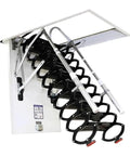 Electric Attic Ladder Telescoping Pull Down Loft Stairs Built Tough To Crush Heavy Loads Featuring Smooth Glide Retractable Action, showing frame and treads.