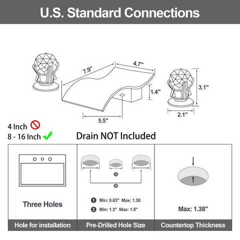 Diagram showing U.S. standard connections for Widespread Matte Black Bathroom Sink Faucet With Crystal Knobs dimensions.
