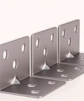 Heavy Duty Stainless Steel L Brackets 100Pcs Right Angle Corner Bracket For Furniture Reinforcement And Woodworking Joints With No Sweat Setup And Rock Solid Grip, showing three brackets with holes.