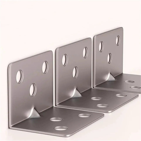 Heavy Duty Stainless Steel L Brackets 100Pcs Right Angle Corner Bracket For Furniture Reinforcement And Woodworking Joints With No Sweat Setup And Rock Solid Grip, showing three brackets with holes.
