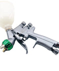 Pro Grade Mini Pneumatic Paint Spray Gun With HVLP Airbrush Setup And One Point Two Millimeter Nozzle, gray body with green adjustments.