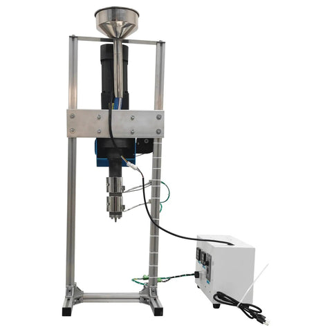 No Stress Single Screw Extruder For 3D Printer Filament Making Smooth Operator Feeding PLA PCL ABS PETG TPU And TPE With Zero Snags Features 1 Inch Barrel 110V Stand Type Plastic Extrusion Rig front view with funnel and power unit.