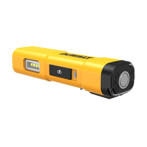 Side view of USB-C Rechargeable LED Flashlight With Magnetic Jobsite Light, 1000 Lumens Of Boss Level Brightness, yellow casing, belt clip.