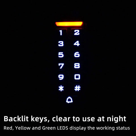 Built Tough RFID Access Control Keypad With Wiegand 26Bit showing illuminated backlit keys for easy nighttime use