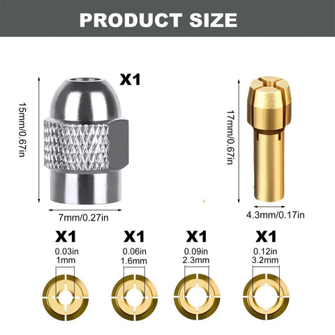 Rotary Tool Chuck Adapter for Dremel 4485, Keyless Chuck Set with Brass Collets in various sizes