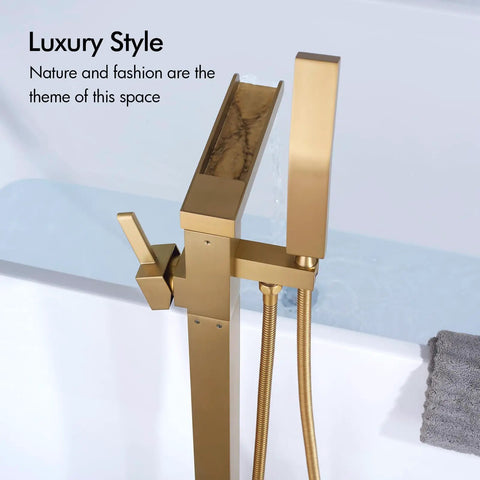 Solid Brass Floor Mount Bathtub Faucet Free Standing Tub Filler With Hand Shower Swivel Spout Brushed Brass And Brushed Gold High Flow Rate Waterfall Look For Modern Bathrooms with luxury style.
