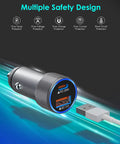 MFi Certified 38W Dual Port Car Charger With USB C Turbo Fast Charge 0 To 50 Percent In 30 Minutes, focus on ports and cable