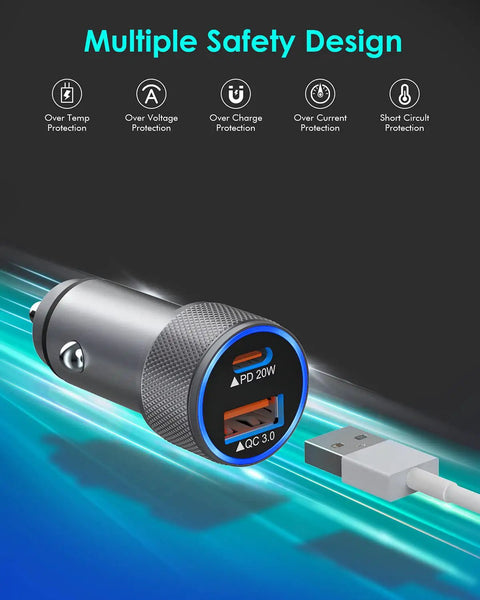 MFi Certified 38W Dual Port Car Charger With USB C Turbo Fast Charge 0 To 50 Percent In 30 Minutes, focus on ports and cable
