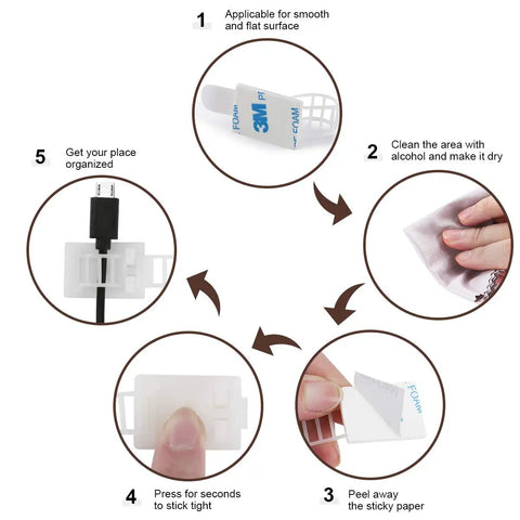 Installation process of Adhesive Cable Clips and Zip Ties Kit with 50Pcs zip ties, clips, adjustable nylon straps, and extra screws.