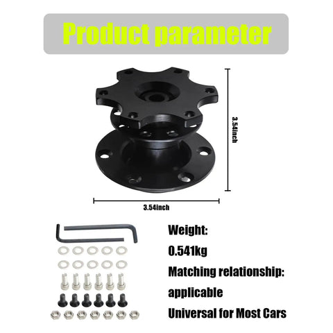 Zero Fuss Drop In Quick Swap Steering Wheel Adapter Hub Featuring Solid Machined Alloy Body with installation hardware, 3.54in size.