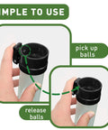 Hand using Long Reach Golf Ball Retriever With Shag Tube And Easy Release, 35.4 Inch Practice Ball Picker For Grab And Go Ball Pickup, Durable Plastic Sucker Tool On The Range Black.
