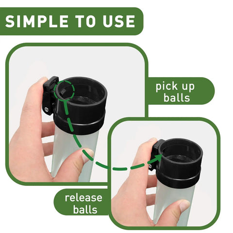 Hand using Long Reach Golf Ball Retriever With Shag Tube And Easy Release, 35.4 Inch Practice Ball Picker For Grab And Go Ball Pickup, Durable Plastic Sucker Tool On The Range Black.