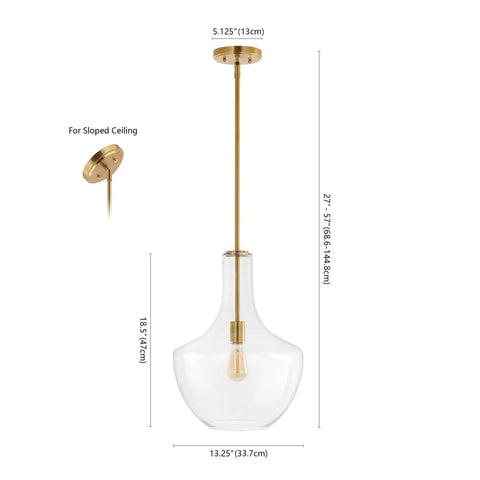 Dimensions of Brass Gold Clear Mid Century Modern 1 Light LED Pendant Light Fixture With Adjustable Schoolhouse Hanging Stem For Kitchen Island Glass Shade LED Bulb Included Ships Fast