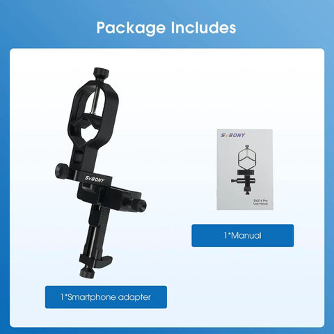 Package contents for Universal Phone Adapter for Telescope and Spotting Scope With 3 Axis Adjustable Holder and Remote.