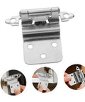 Inset cabinet hinge with mounting plate and soft-close mechanism; close-up, silver metal