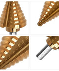 Close-up view of Beefy Six Piece Countersink Step Drill Bit Set With Automatic Center Punch HSS Cobalt Titanium Drill Bits With Hex Shank.