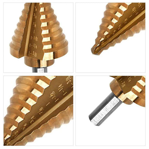 Close-up view of Beefy Six Piece Countersink Step Drill Bit Set With Automatic Center Punch HSS Cobalt Titanium Drill Bits With Hex Shank.