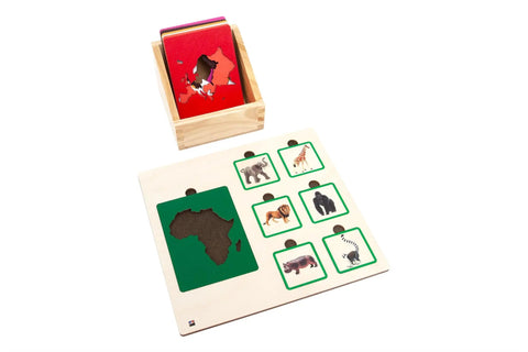 Continents And Animals Sorting Tiles Set For Kids 3-9: Africa board with native animal tiles in wooden geography game