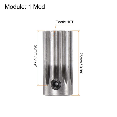 Two Piece Straight Spur Pinion Gear Set For RC Cars 10T 5mm Bore 12mm Outer Diameter Mod 1 Stainless Steel Beefy Durable Replacement Parts For Differential And Motor Systems, close-up of gear showing 25mm height and 10 teeth.
