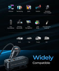 Six Port Car Charger With PD And QC Fast Charging, 12V Adapter showing compatibility with various devices and vehicles