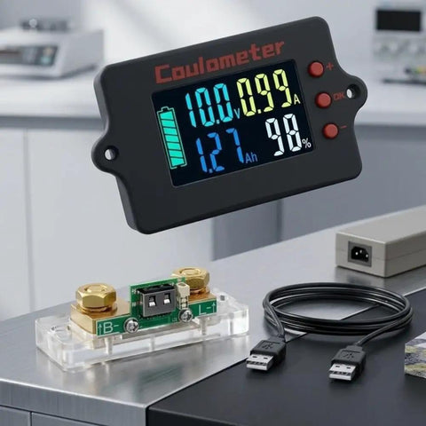 Hella Precise Pure Copper Shunt Battery Monitor Tracks 0 To 100 Amps Across 8 To 120 Volt Systems Featuring A Badass 32 Bit Chip And Usb Data Logging Plus Bidirectional Measurement For Solar Projects And RV Camper Builds, LCD screen displaying voltage and current.