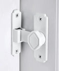 Heavy Duty White Sliding Barn Door Latch Featuring Precision 90 Degree Right Angle Lock and Quick Snap On Mount for Wood Doors.